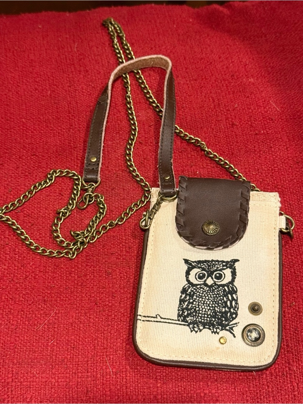 Glam Naturale Canvas & Leather Owl Mini Crossbody Phone Bag Brown/Cream